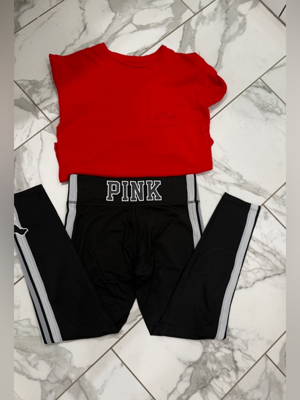 PINK Red Tee with Black Logo Leggings